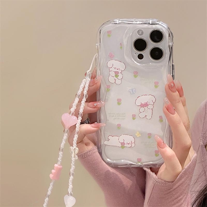 Zhitai Apple iPhone 15/16 Pro Cream Pattern Shell with Cartoon Design – Suitable for iPhone 12-14 Silicone Case with Chain