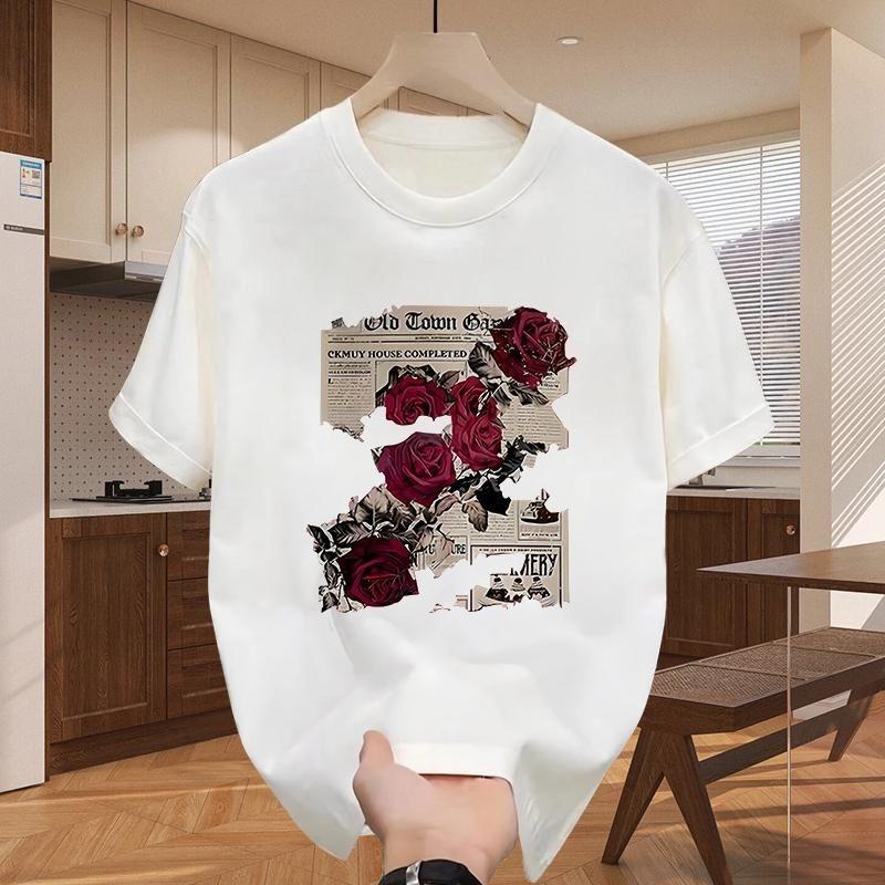 2025 New Summer Trend Rose Printing Crew Neck Short Sleeve Men's Street Light Luxury Casual Cotton Large Size T-Shirt