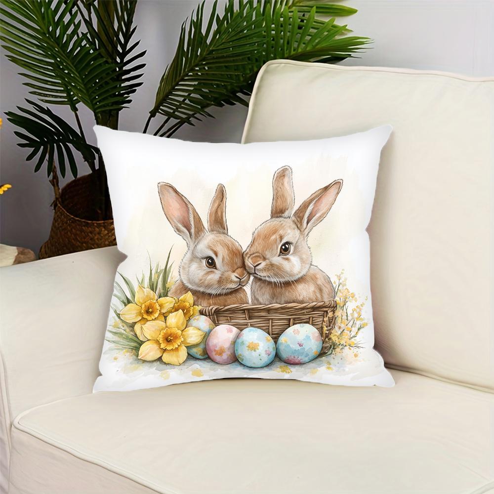 

Cute Bunny Flower Egg Pattern Easter Pillowcase Living Room Bedroom Sofa Chair Decorative Cushion Cover 16x16Inch