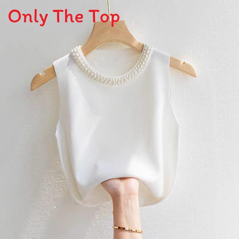 Summer Womens Knitted Tank Top With Pearl Embellishments For Casual Wear