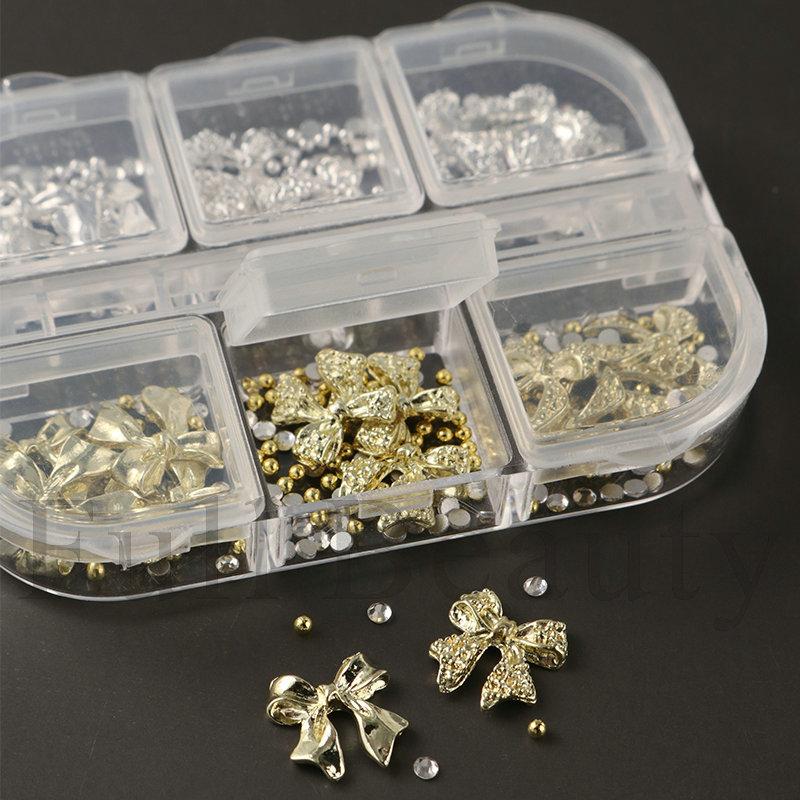 1pc of 6-compartment metal bow rhinestone and steel bead 3D nail art, nail decoration, holiday gift.