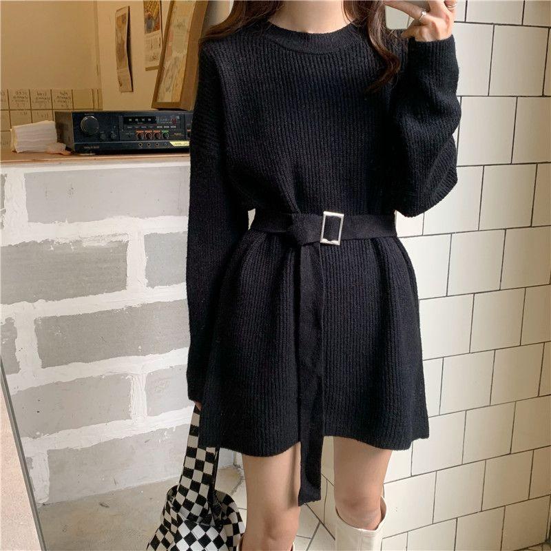 Women's Knit Dress Autumn Winter Simple Midi Sweater Dress Slim Fit Pullover Sweater Dress with Belt
