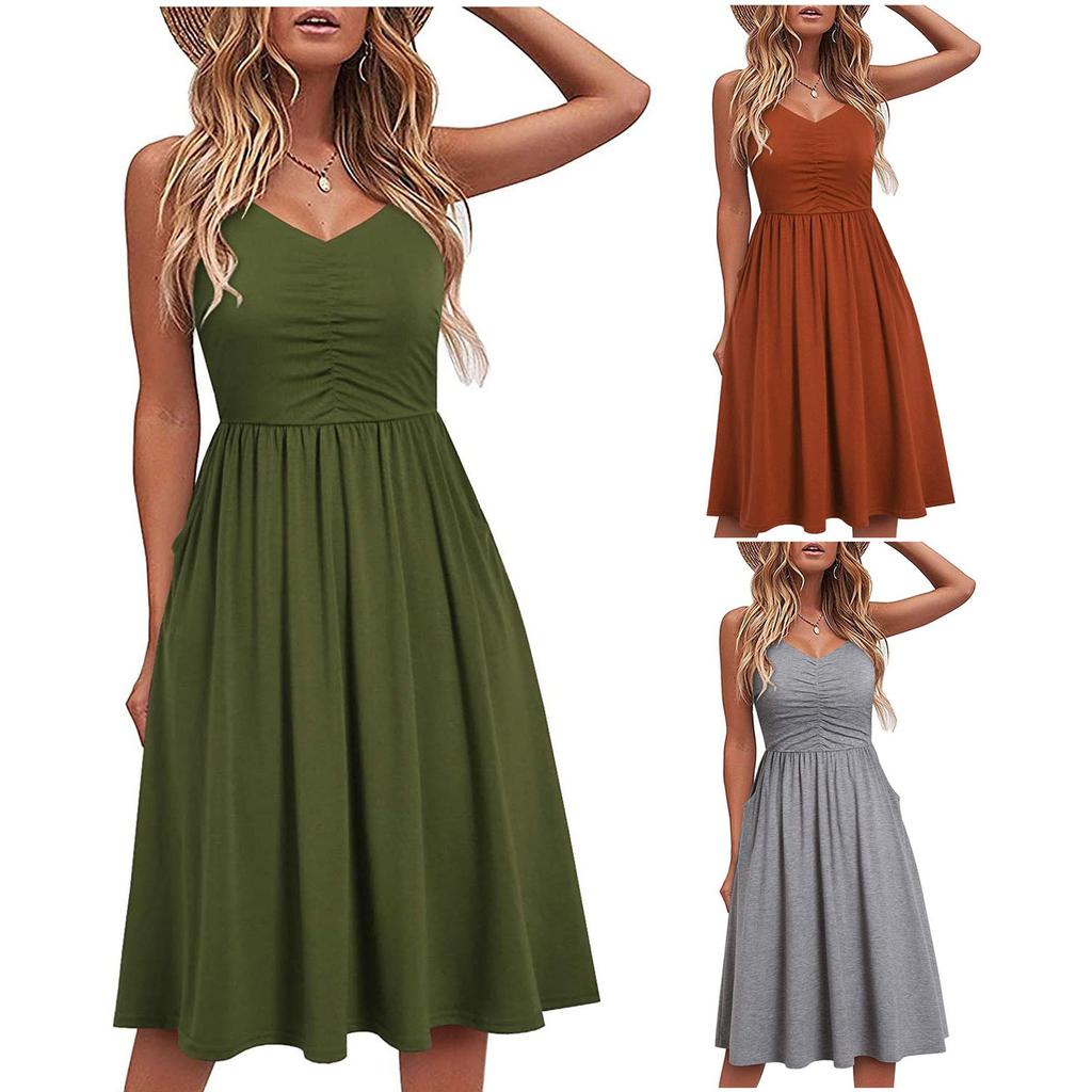 Vestido Mujer Verano Seaside Sling Sin Mangas Con Cuello En Vestido Mujer Verano Seaside Sling Sin Mangas Con Cuello En