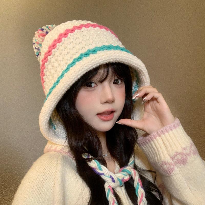 

Hand woven Autumn and Winter Warm Hat for Women with Straps and Ear Protection Knitted Hat Showing Face Small Pullover Hat Tassel Woolen Hat M（56-58cm）