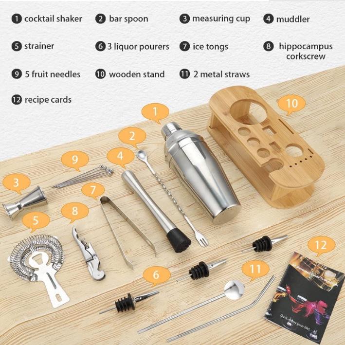 16-Piece Stainless Steel Cocktail Shaker & Bar Tool Set with Measuring Cups