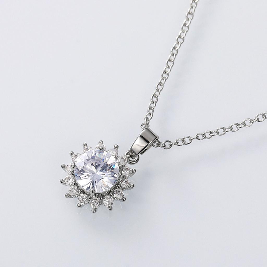 Big Center Round Stone Sunflower Halo Pendant Women Classic Cable Chain Clavicle Necklace