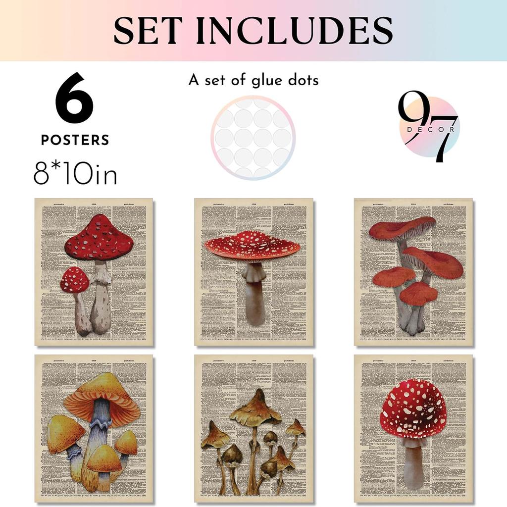 97 Decor Vintage Mushroom Poster - Mushroom Wall Decor, Retro Mushrooms Wall Art Prints, Cottagecore Room Decor Aesthetic, Earthy Dictionary