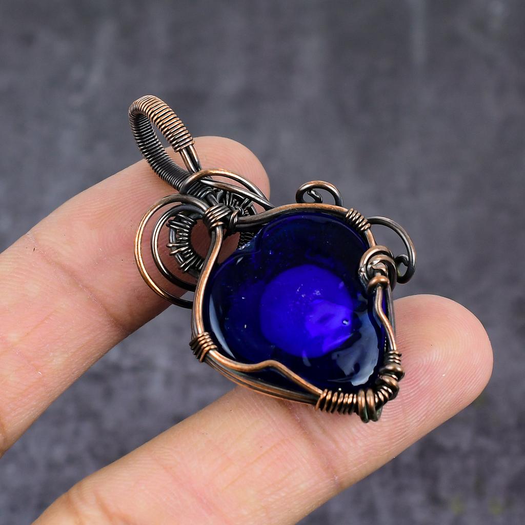 Blaues Böses Auge Handgefertigter Kupferdraht-Wickel Schmuck Anhänger 2.05" O2p74