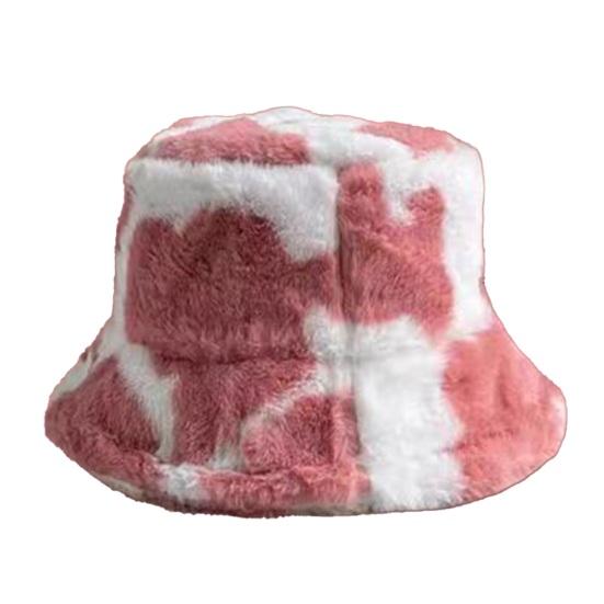 Faux Fur Fisherman Bucket Hat Milk Cow Pattern Warm Cozy Fluffy Bucket Hat Christmas Thanksgiving Headwear