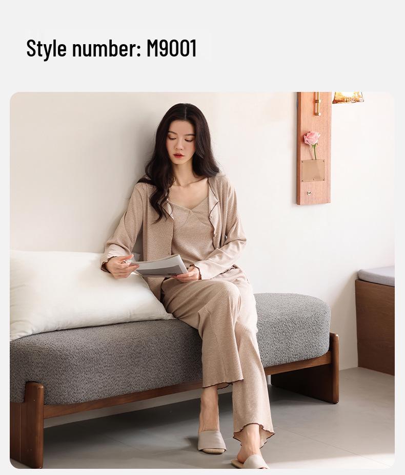 Women's Modal Long Sleeve Pajama Set with Bra Pads, Camisole, and Pants, Fall/Winter 3-Piece Set, Suitable for Outdoors.