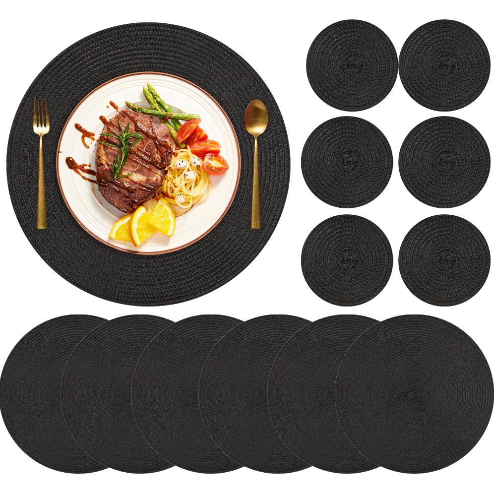Sets 6 Woven Table Placemats and Coaster 34CM Round Cotton Dinner Table Mats Anti Slip Heat Resistant Easy Clean Place Mats