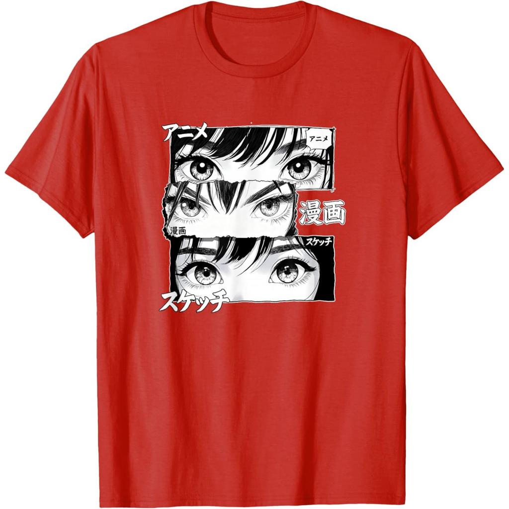 Manga Girl Eyes Panel Art Tshirt Graphic Tee Cool Japanese Text Print Casual Crew Neck Top