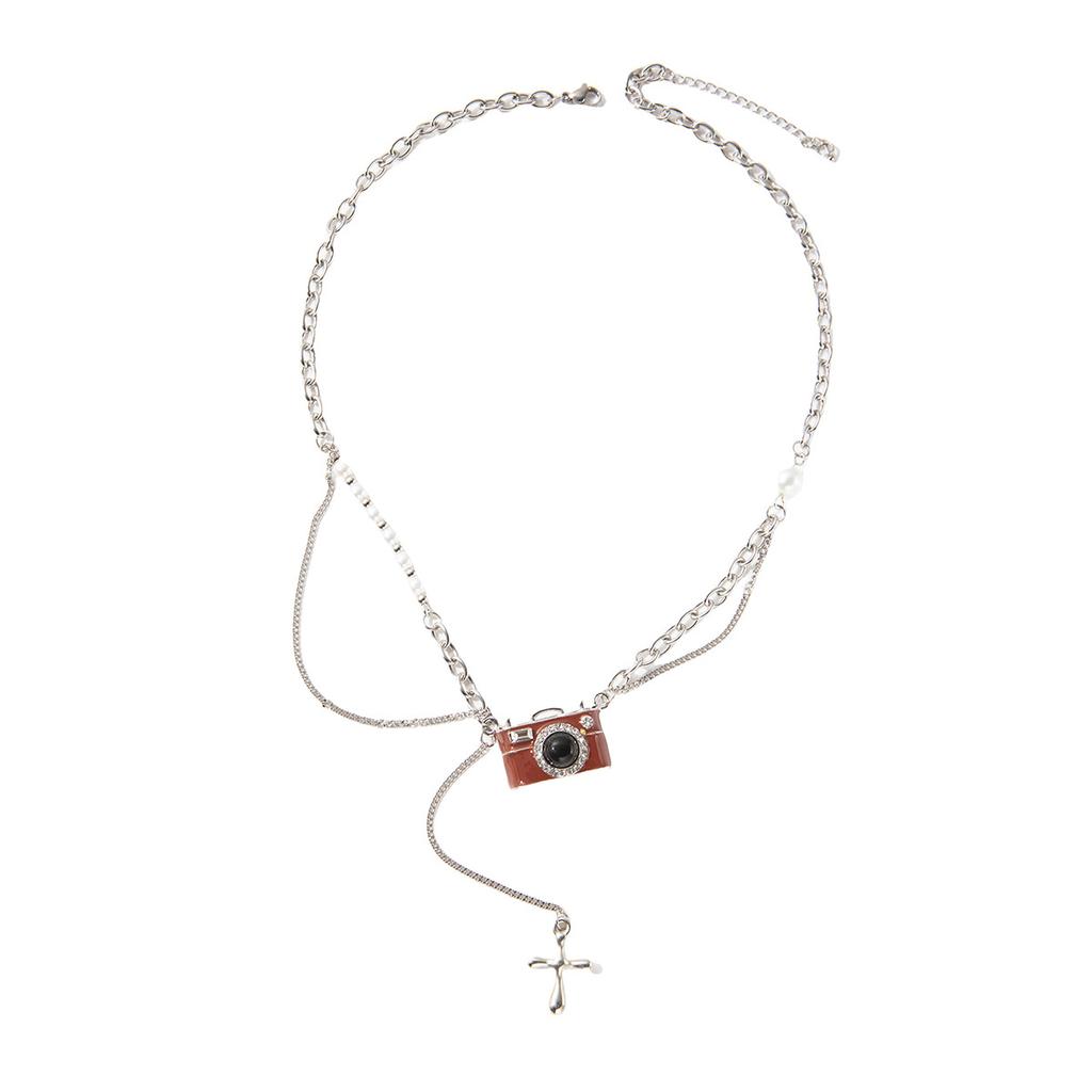 British Retro Brown Camera Pearl Cross Necklace, Simple Fashion Trend Temperament Sweater Necklace