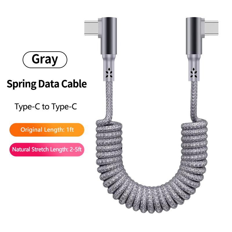 Electronic Accessories 100W 90 Degree Right Angled USB-C Coiled Retractable Data Cable Pure Copper Conductor Braid