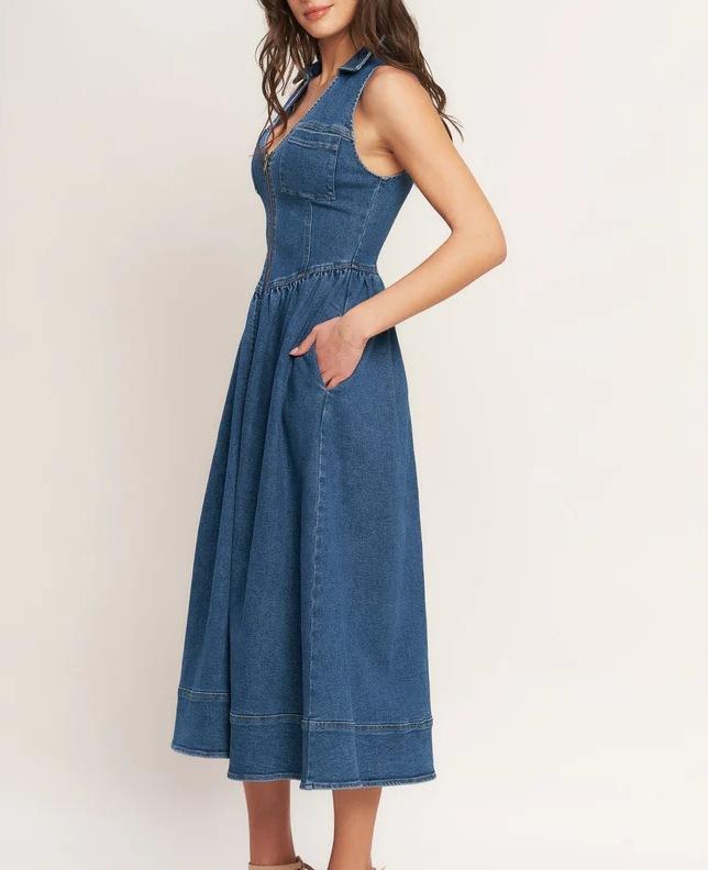 European and American style denim dress women's new sleeveless waist long thin A-shaped skirt cross-border fashion versatile skirt