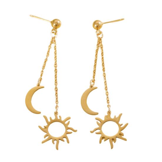 Women Adjustable Bracelet Asymmetrical Sun Moon Design Long Pendant Drop Earrings Face Slimming Jewelry