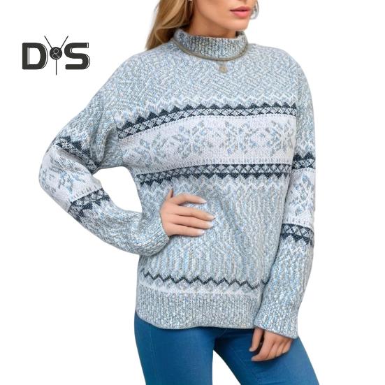 

Зимний женский рождественский свитер с полувысоким воротником, цветной узор в виде снежинок, длинный рукав, трикотаж, толстый теплый новогодний свитер M светло-синий