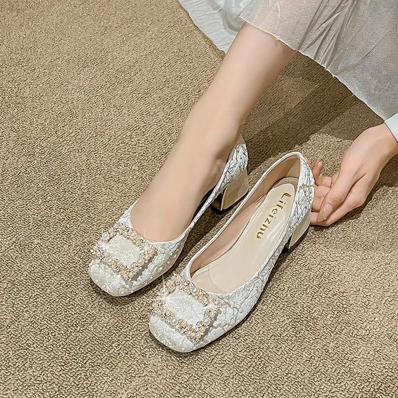 

модные женские туфли-лодочки Pearl Thick Mid Health женские туфли Square Toe New Autumn Casual Large Women Shoes 41-43 Zapatillas Mujer 35 абрикосовый