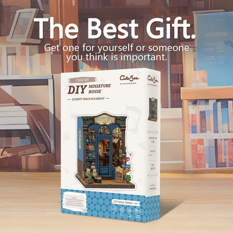 DIY Booknook Kit Miniature Dollhouse with Light Bookshelf Insert Home Decor Wooden 3D Puzzle for Journey Trace Bookshop