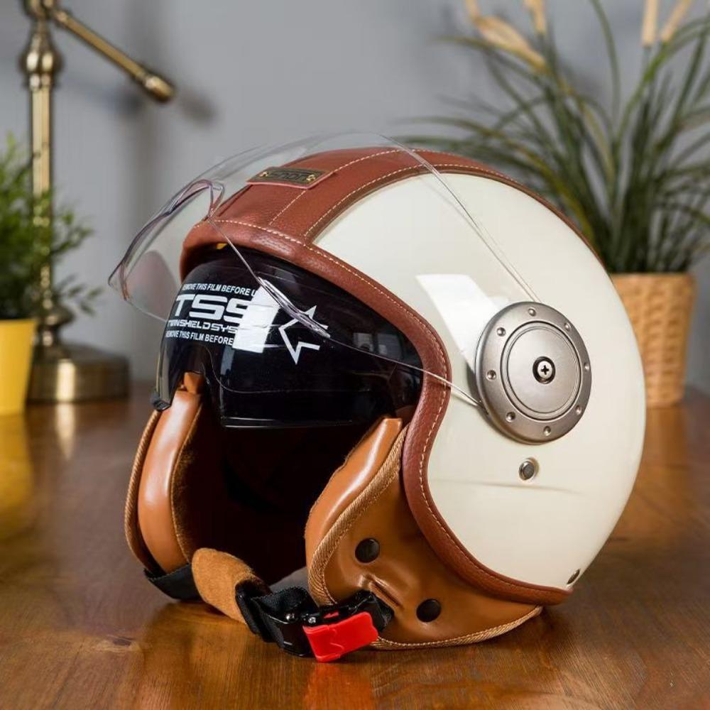 

Double lens 3C certified retro motorcycle retro helmet men s and women s locomotive safety hat leather half helmet electric car M57—58 слоновая кость