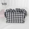 Makeup Organizer Bag Small Ruffled Grids Pouch, Portable Travel Cosmetic Bag, Fashionable Storage Case Lightweight Zippered Pouch for Toiletries