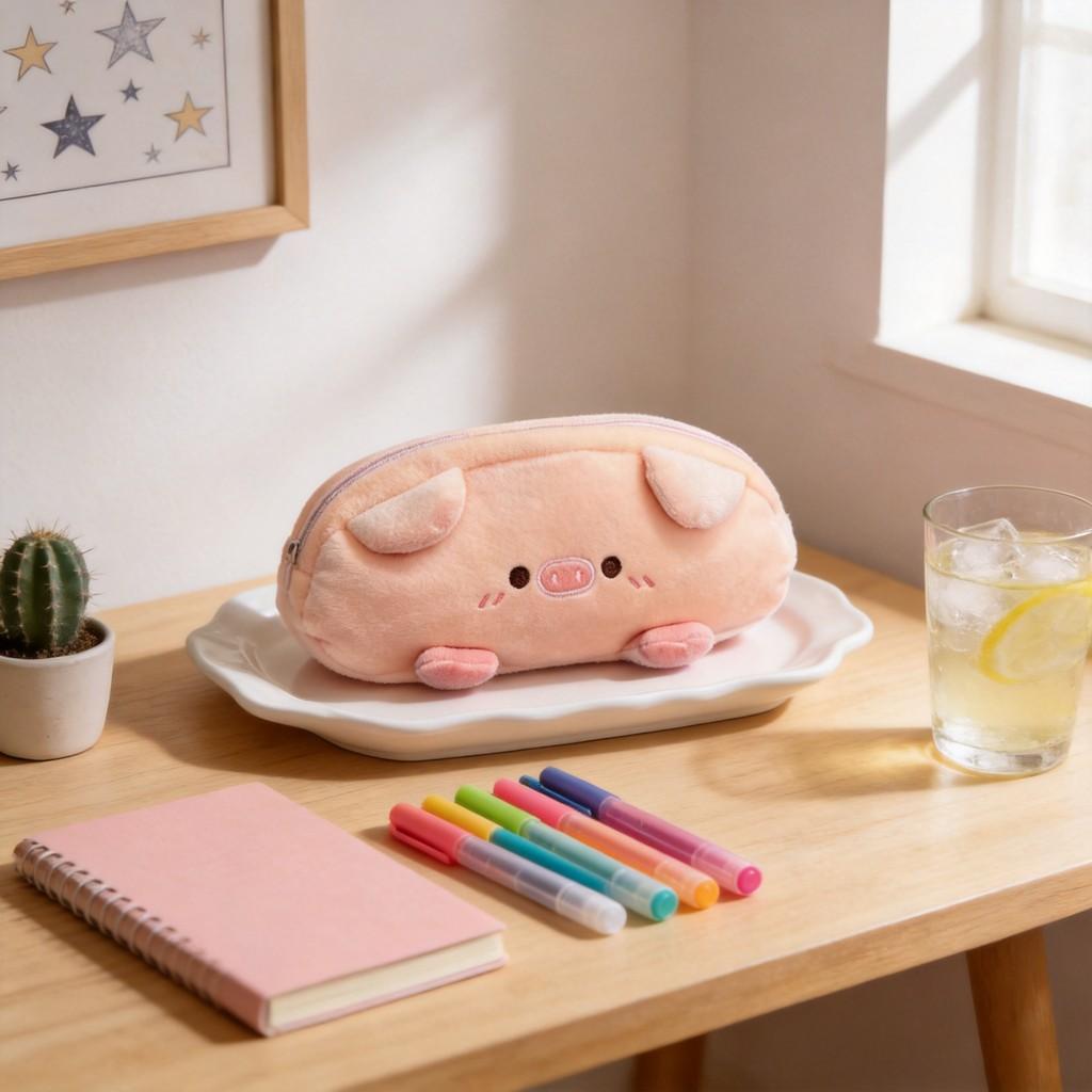 Japanese Inspired Plush Pig Pencil Case With Large Storage For Girls And Students