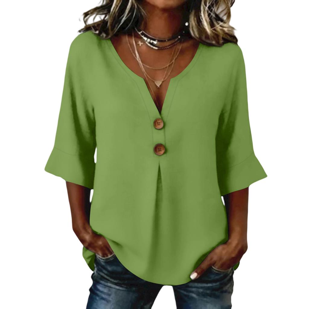 Women's  Color Button Casual V-neck Fashionable Seven Quarter Sleeve Top