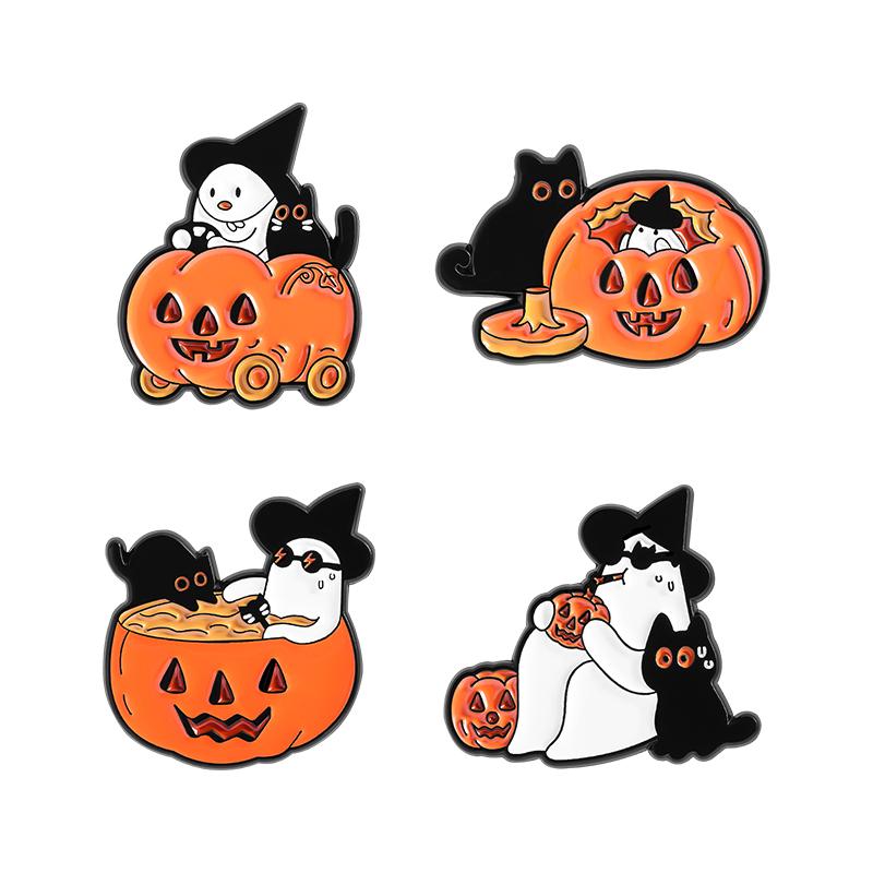 White Ghost With Cat Enamel Pins Spooky Pumpkin Skull Boo Kitten Halloween Brooches Lapel Badge Jewelry Gifts for Friends
