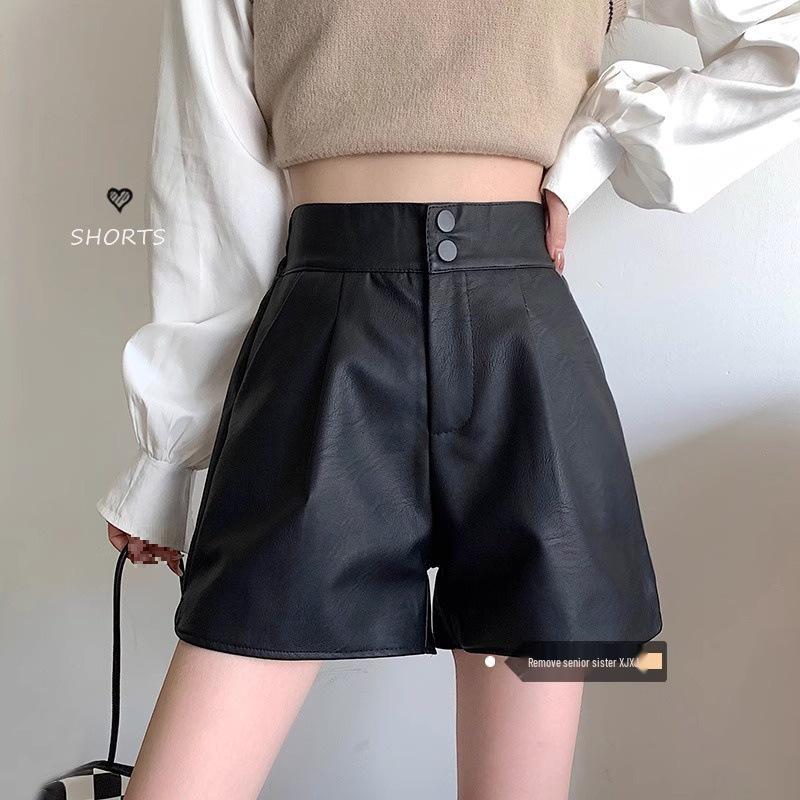 Autumn Brown High-Waist Slimming Leather Shorts for Women