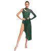 S-XXL Women Lyrical Dancewear: Asymmetrical Side Split Dress with Mock Neck, Cutout, Sheer Mesh, Patchwork & Shiny Rhinestones