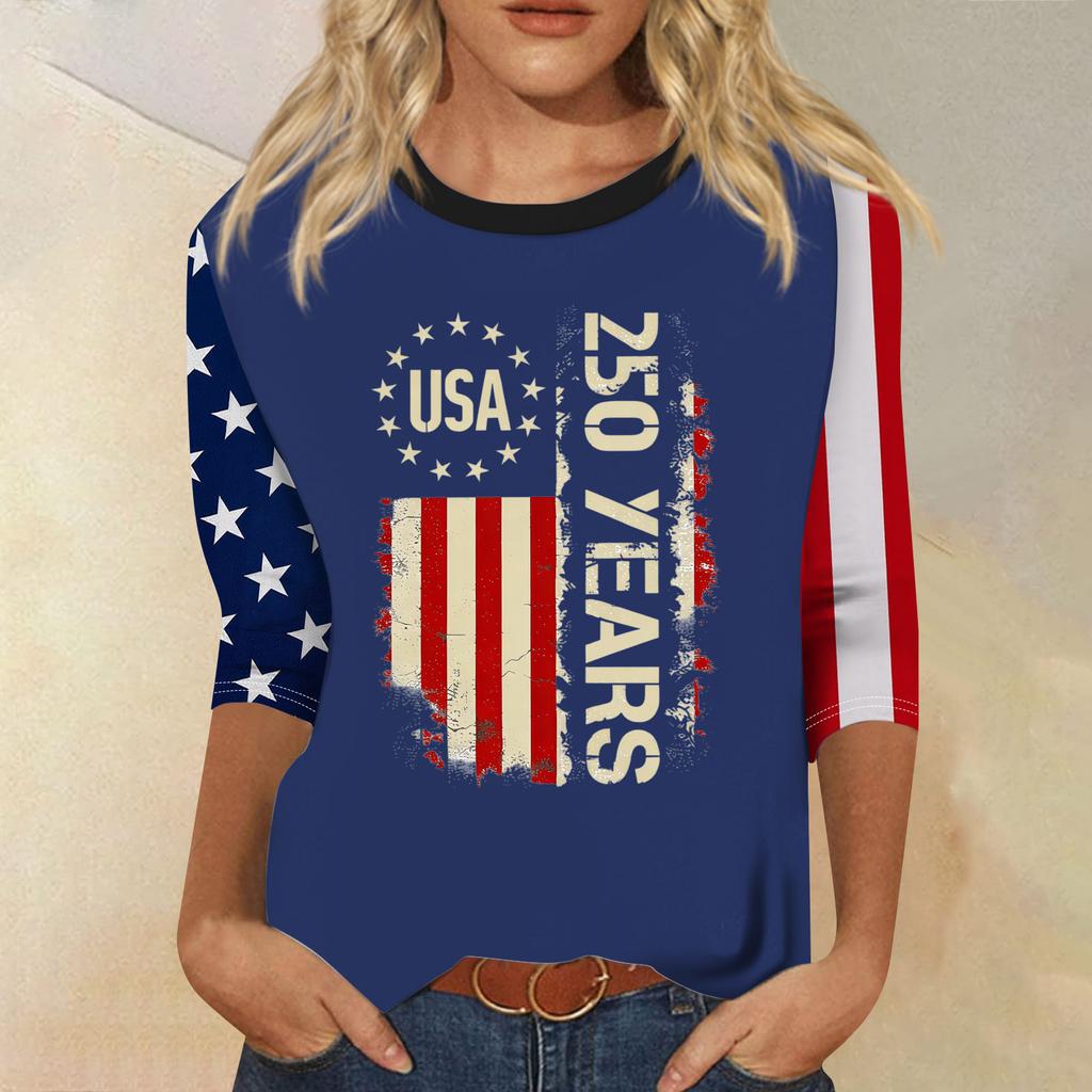 Women's Fashion Casual Seven-Sleeve Independence Day Print Round Neck Top