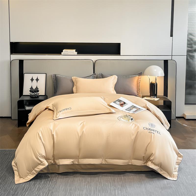 Embroidery Pure Cotton Four-piece Quilt Cover Solid Color Bed Sheet Light Luxury Style Bedding