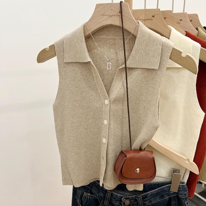 Women's Summer Chic Sleeveless Ice Silk Polo Collar Slim Fit Knit Camisole