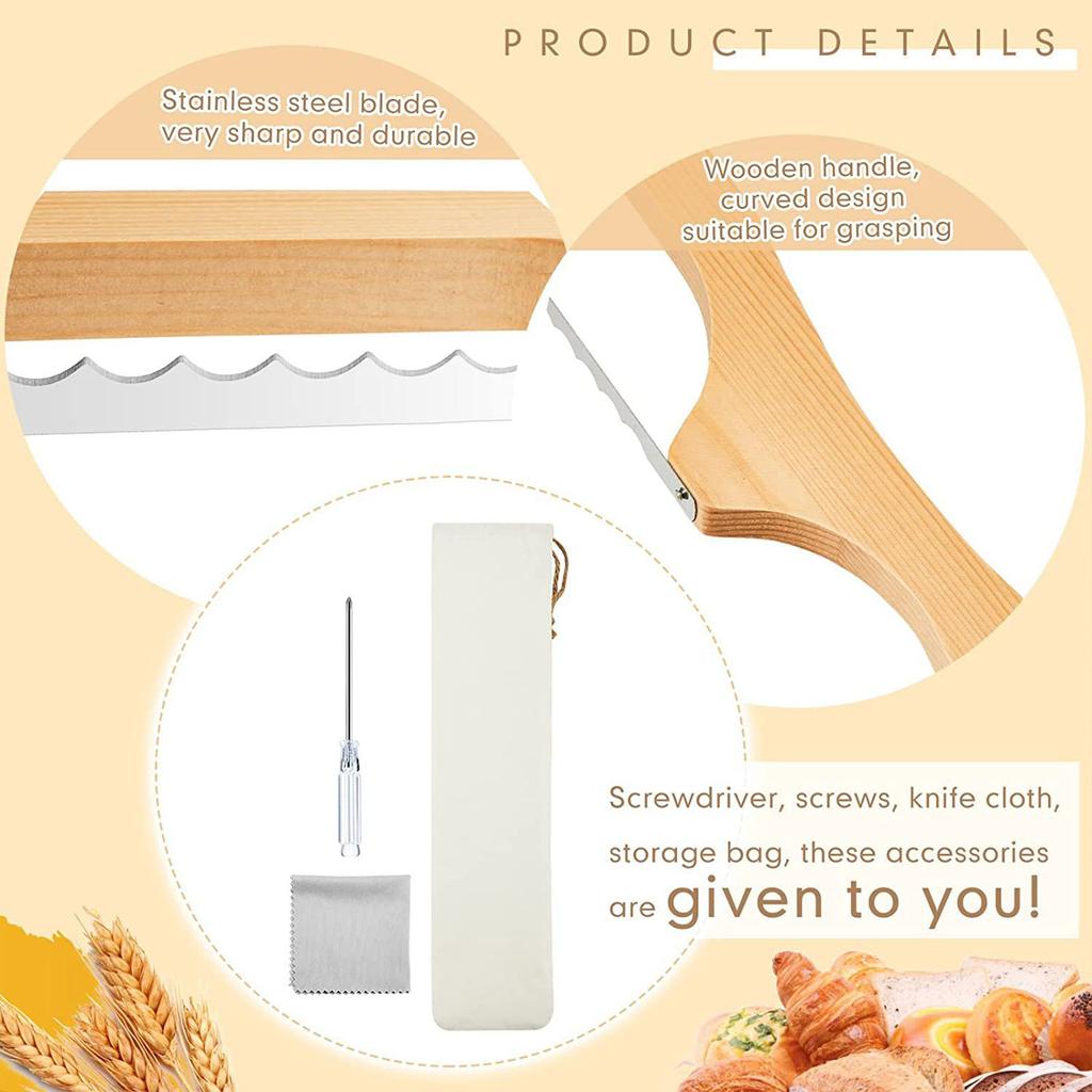 Holz Brotmesser Säge 40cm zum Baguette Schneiden mit Wellenschliff Klinge Ergonomischer Griff für Küche Obst- und Gurkenschneiden