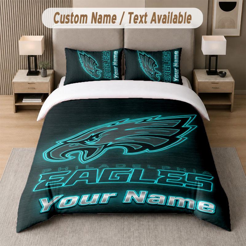 Custom Bedding Set Philadelphia Eagles Pattern, Print Name Text 1 Duvet Cover Plus 2 Pillowcases Home Textile