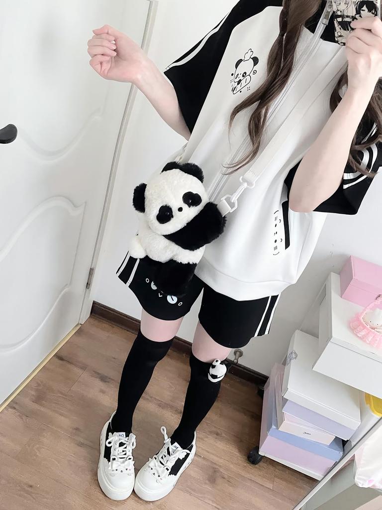 ZYOOFOV and Hoodie Short Subculture Panda Harajuku Plus School Style Women's Tracksuit, Pants, Shorts, Set, Sleeve, Unisex, Style, Zip-Up, Cute,