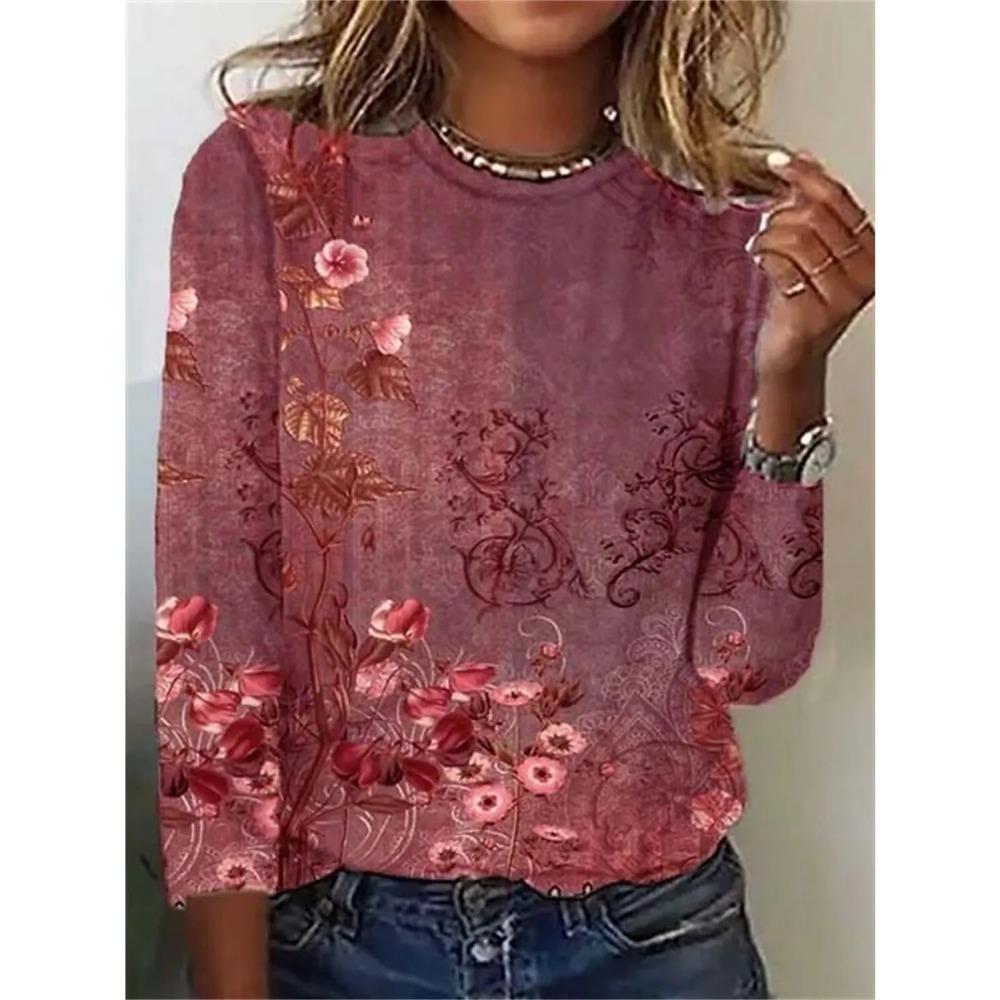 Women's floral pattern T-shirt 3D printed round neck long sleeved shirt