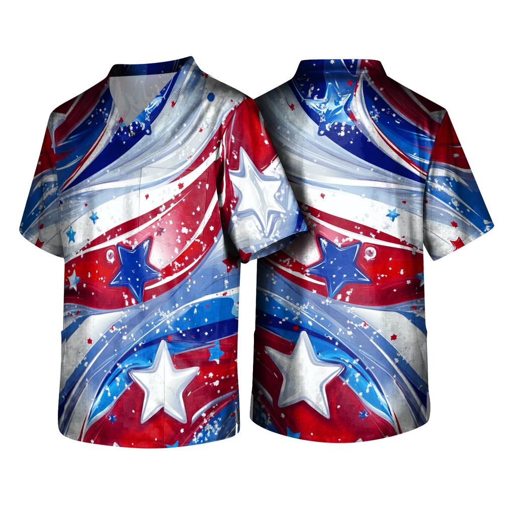 Short Sleeve V Neck Printed Scrub Top with Star Pattern Gradient Design Breathable Lightweight Fabric for Professionals Unisex Fit