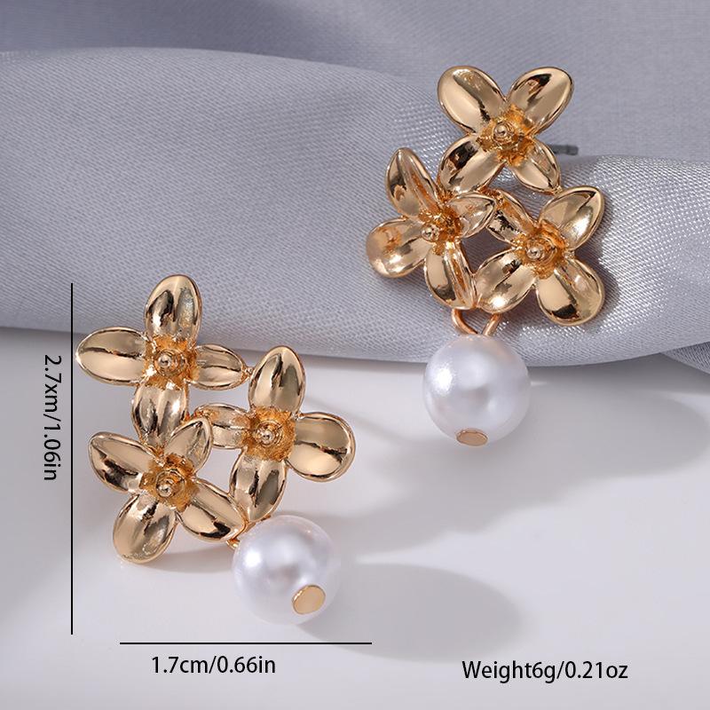 Floral temperament stud earrings Lily flower high-end earrings Women's imitation pearl geometric earrings