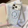 Korean-style blue case for Apple 17pm, 15 magnetic stand, iPhone 16 gold-plated grid pattern stars, 14 electroplated
