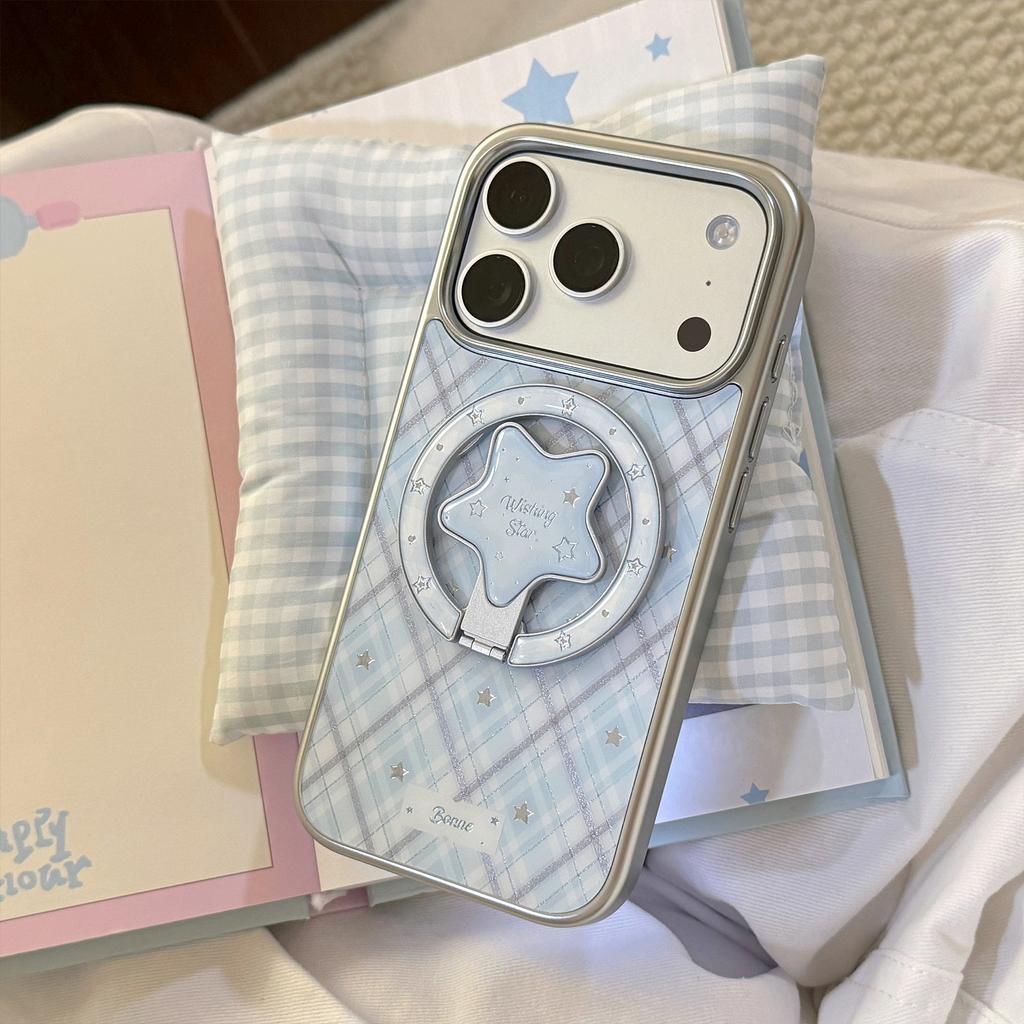 Korean-style blue case for Apple 17pm, 15 magnetic stand, iPhone 16 gold-plated grid pattern stars, 14 electroplated