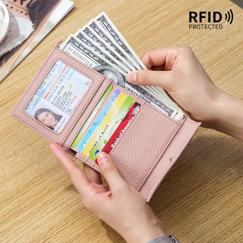 Leather new wallet three-fold women's multi-card card bag RFID cowhide ultra-thin short clutch bag large capacity