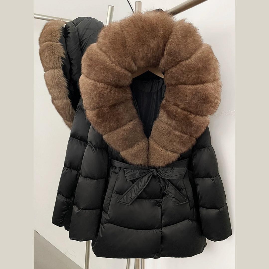 

Зимняя лиса большой меховой воротник высококачественная утолщенная пуховая куртка женская средней длины с поясом куртка из искусственной кожи M
