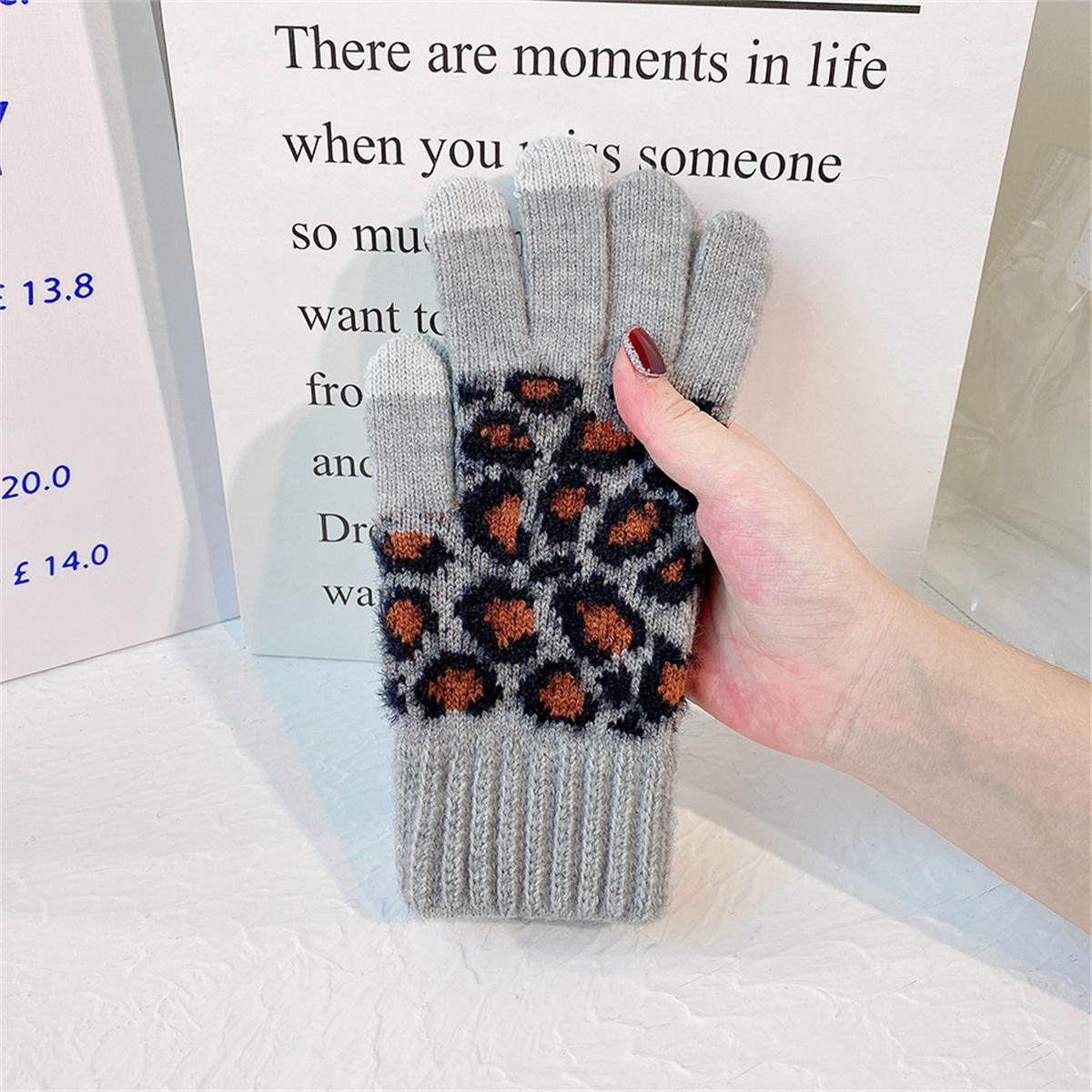 

Women s leopard print knitted warm gloves, winter Korean style, thickened fleece, cycling touchscreen full finger, fashionable a