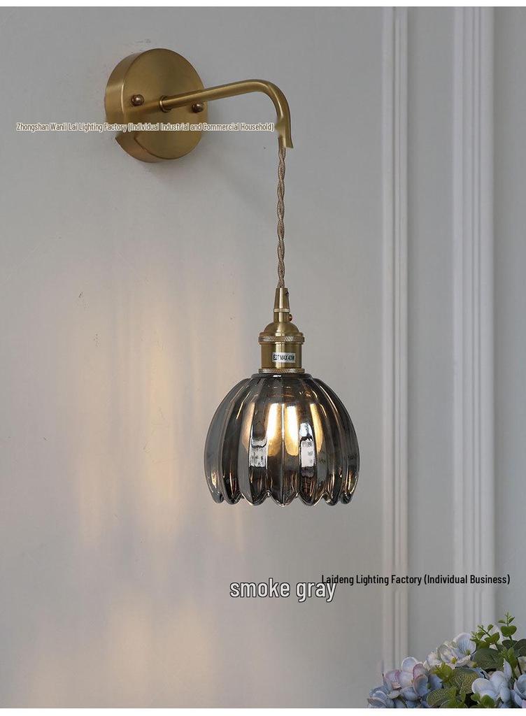 Retro Japanese Copper Amber Glass Wall Lamp - Modern for Bedroom or Entryway.