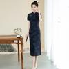 LongChinese-style Qipao Dress Women Vintage Fit Short Sleeve Daily Wear With Stand Collar Side Slit