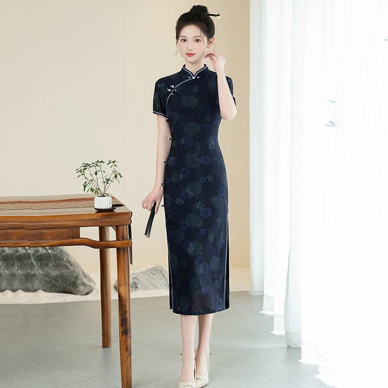 LongChinese-style Qipao Dress Women Vintage Fit Short Sleeve Daily Wear With Stand Collar Side Slit