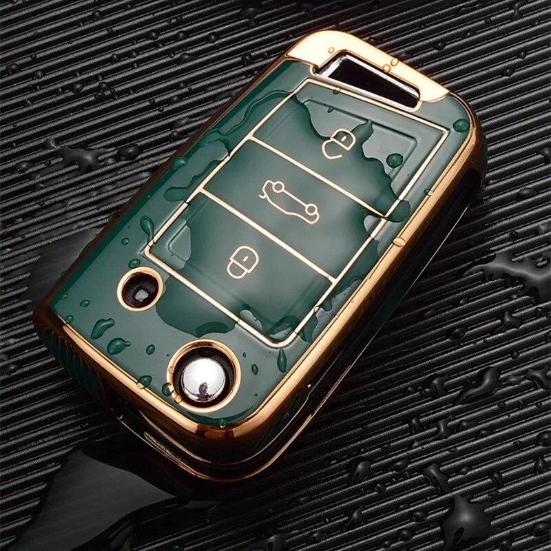 Gold Edge Car Key Case Full Cover Fob pro VW Volkswagen Golf 7 MK7 Tiguan MK2 pro SEAT Ateca Leon FR 2 Ibiza pro Škoda Octavia