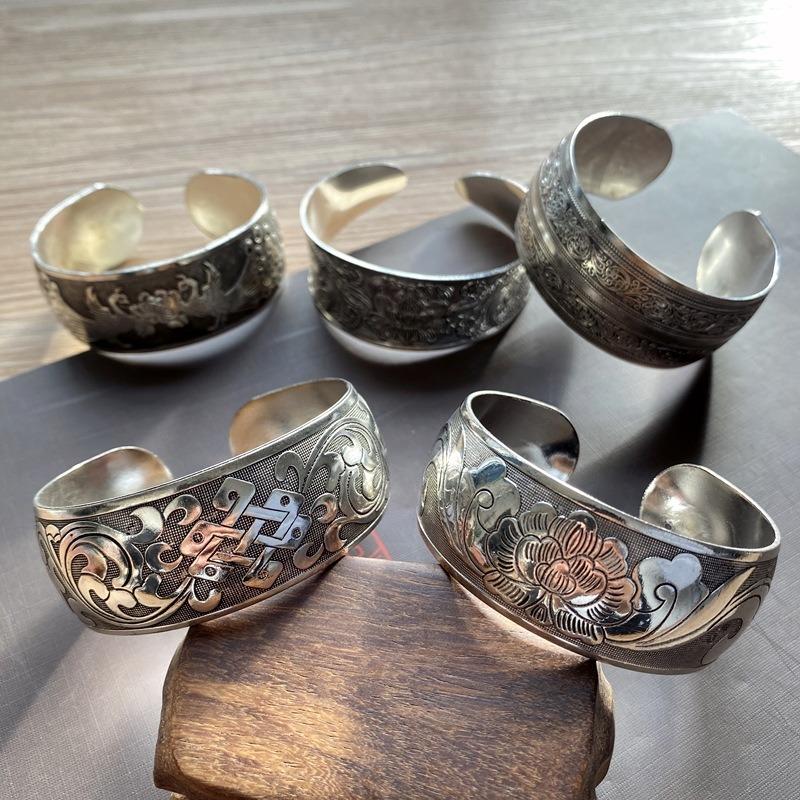 Stil etnic retro Brățară de argint versiune lată model sculptat Brățară de braț boem feminin Brățară tibetană Accesorii retro