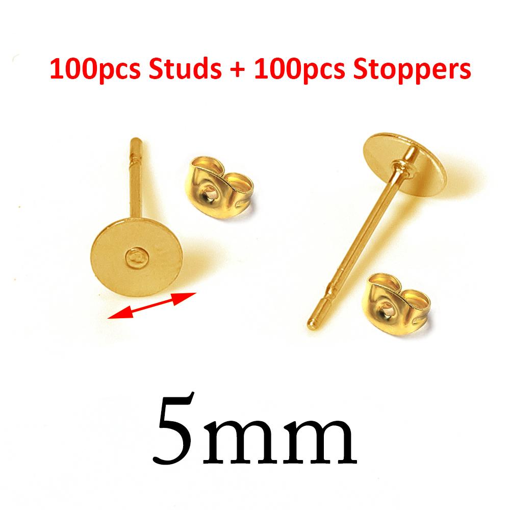 100pcs Gold Color 316L Stainless Steel Earring Studs DIY Ear Blank Post Pins 3-12mm Flat Round Tray Base Ear Jewelry Making DIY
